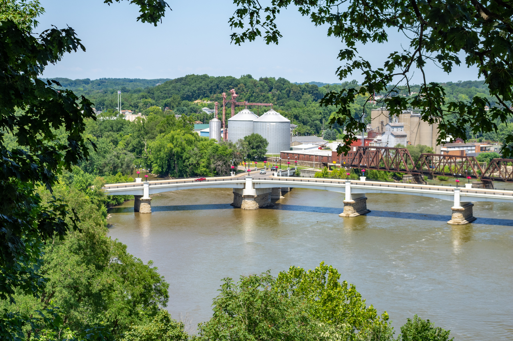 The Y shaped bridge in Zanesville, Ohio with the town and grain elevators in the background.