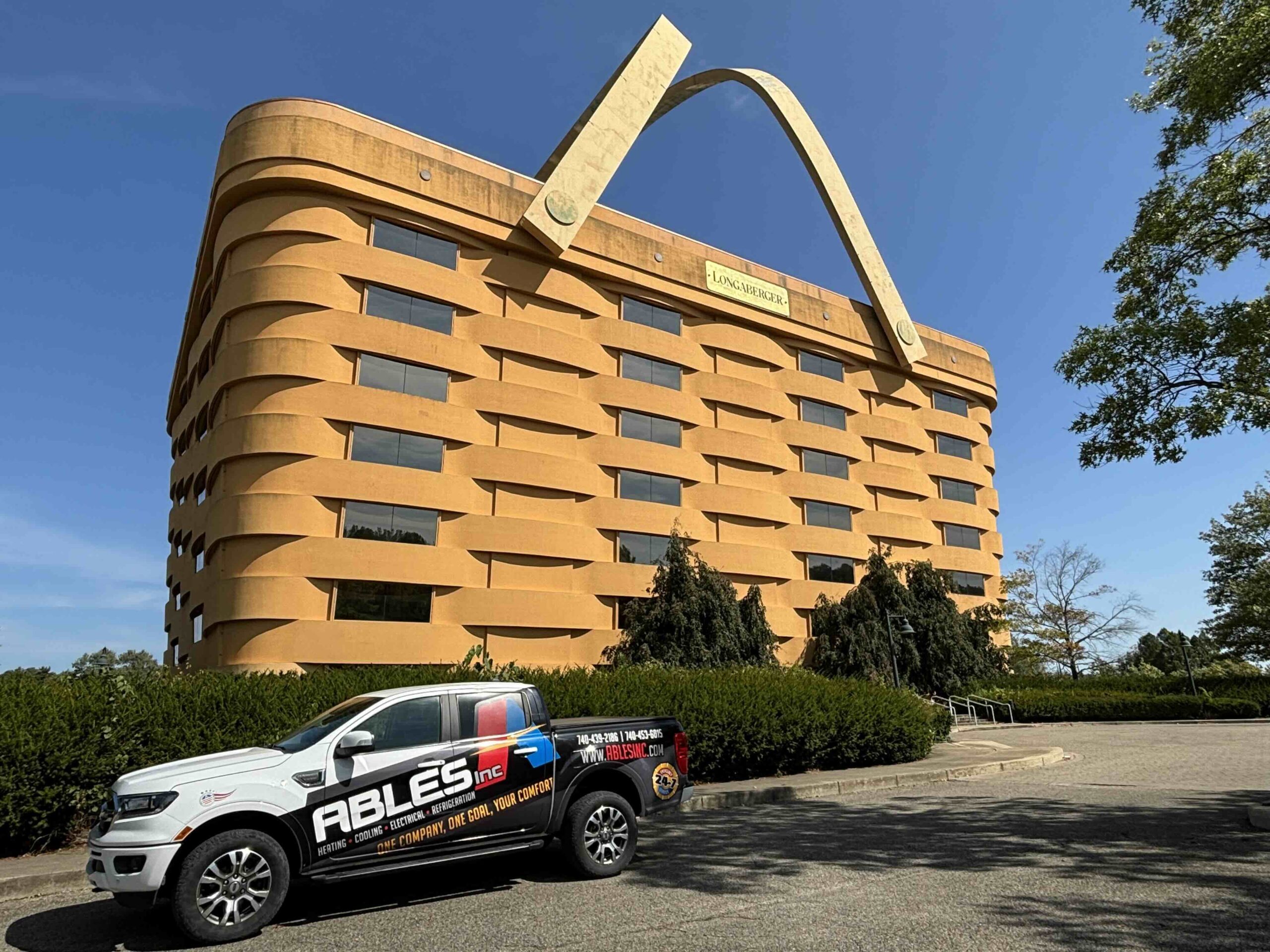 Ables truck in front of longaberger Building, Newark, OH