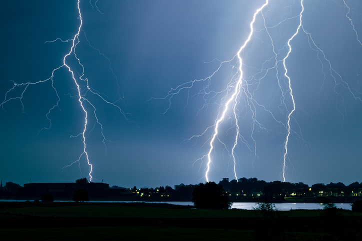 Detailed image of lightning bolts and all the side branches during a severe thunderstorm.